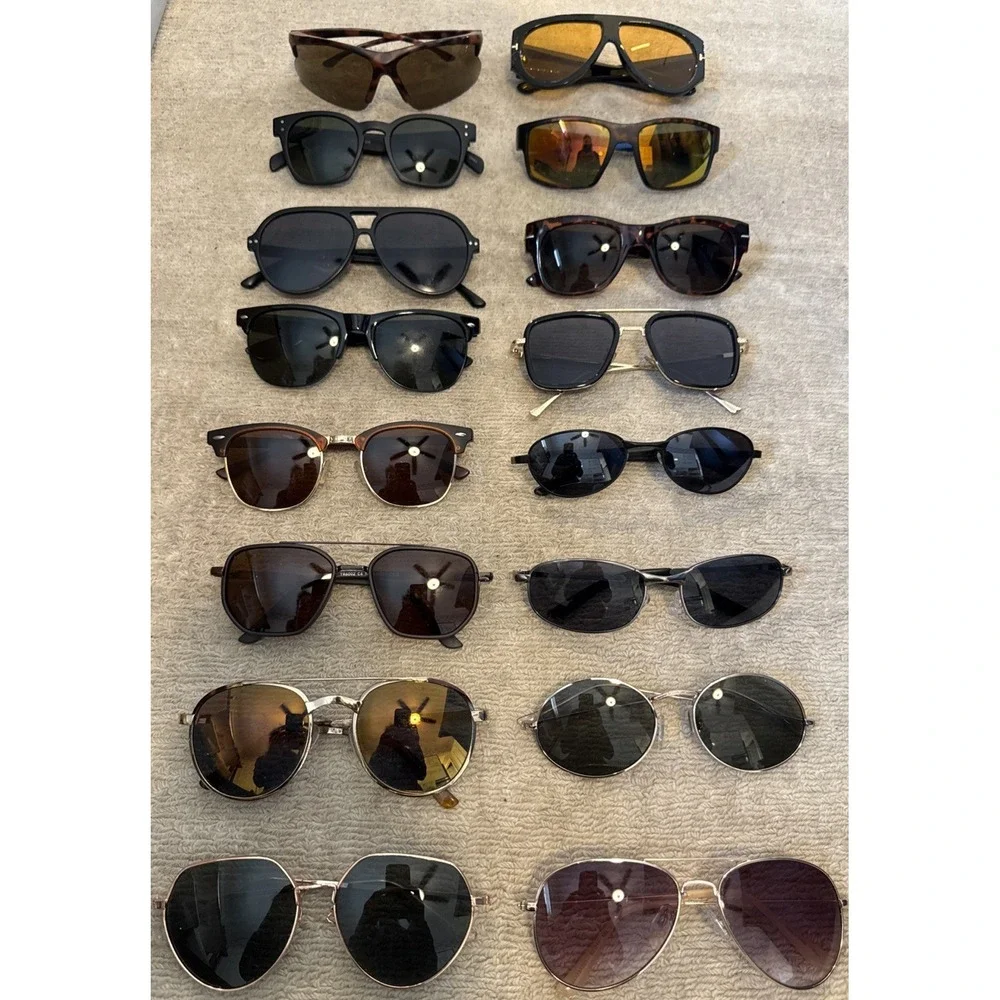 Lot of 16 Mens Sunglasses: Wrap Style, Aviators, Retro, Square, Oval and more